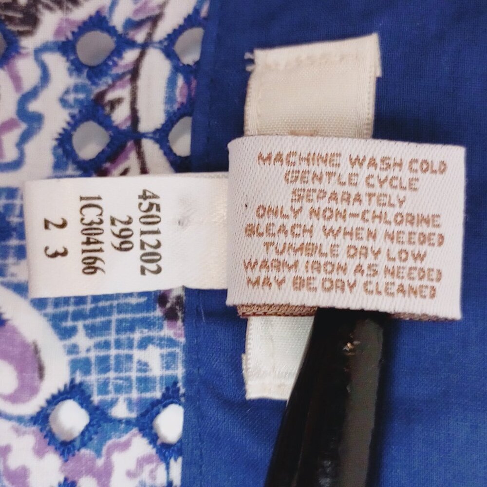 Chico's Blue & White Baroque Print Eyelet Lace Open Front Jacket - Picture 10 of 10